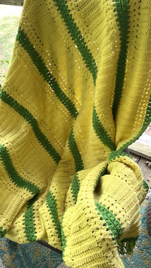 Yellow Green Crochet Afghan Cover Blanket 71" x 56" Striped Handmade Couch Throw